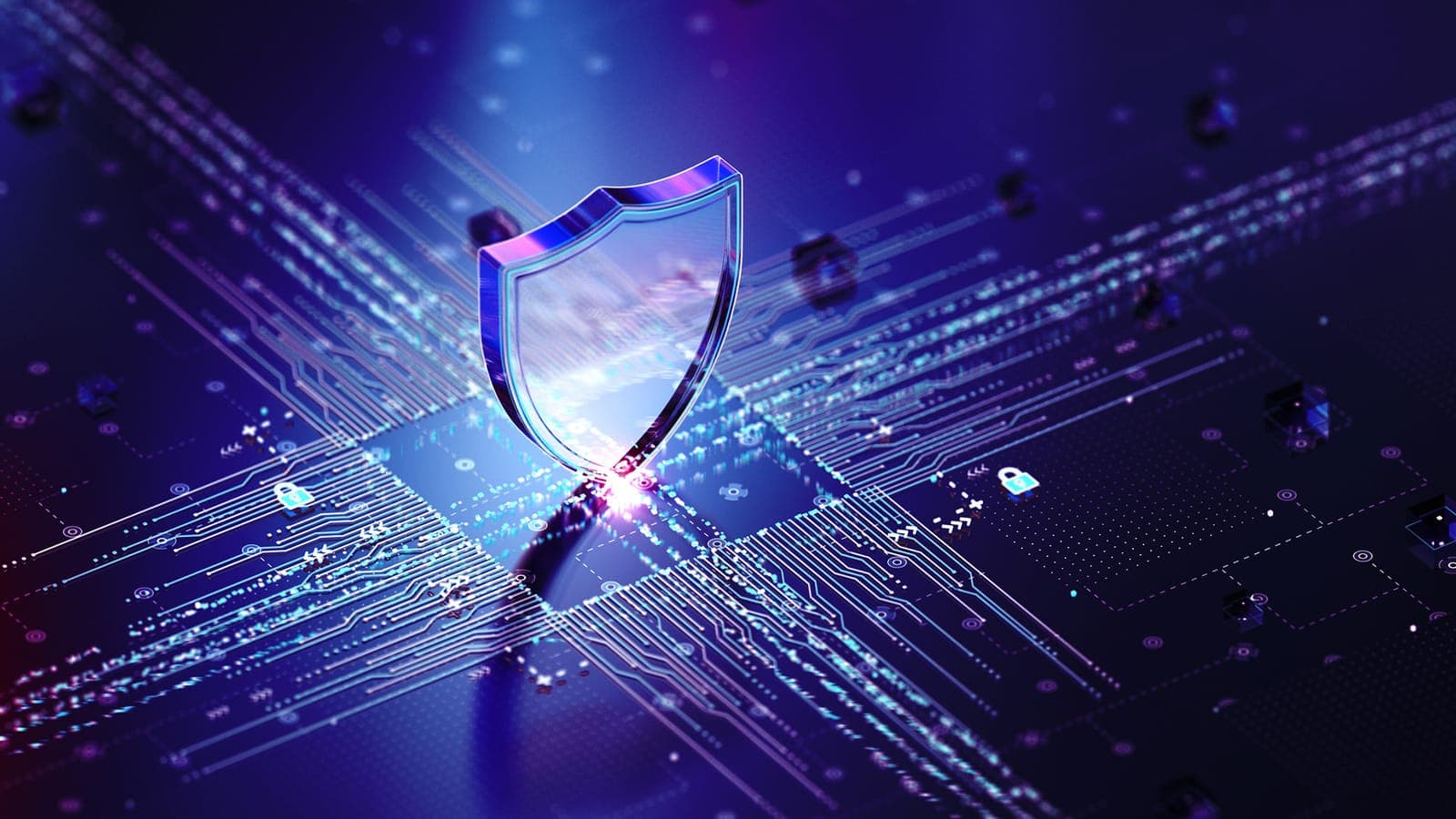 Security shield on a microchip, representing business cybersecurity