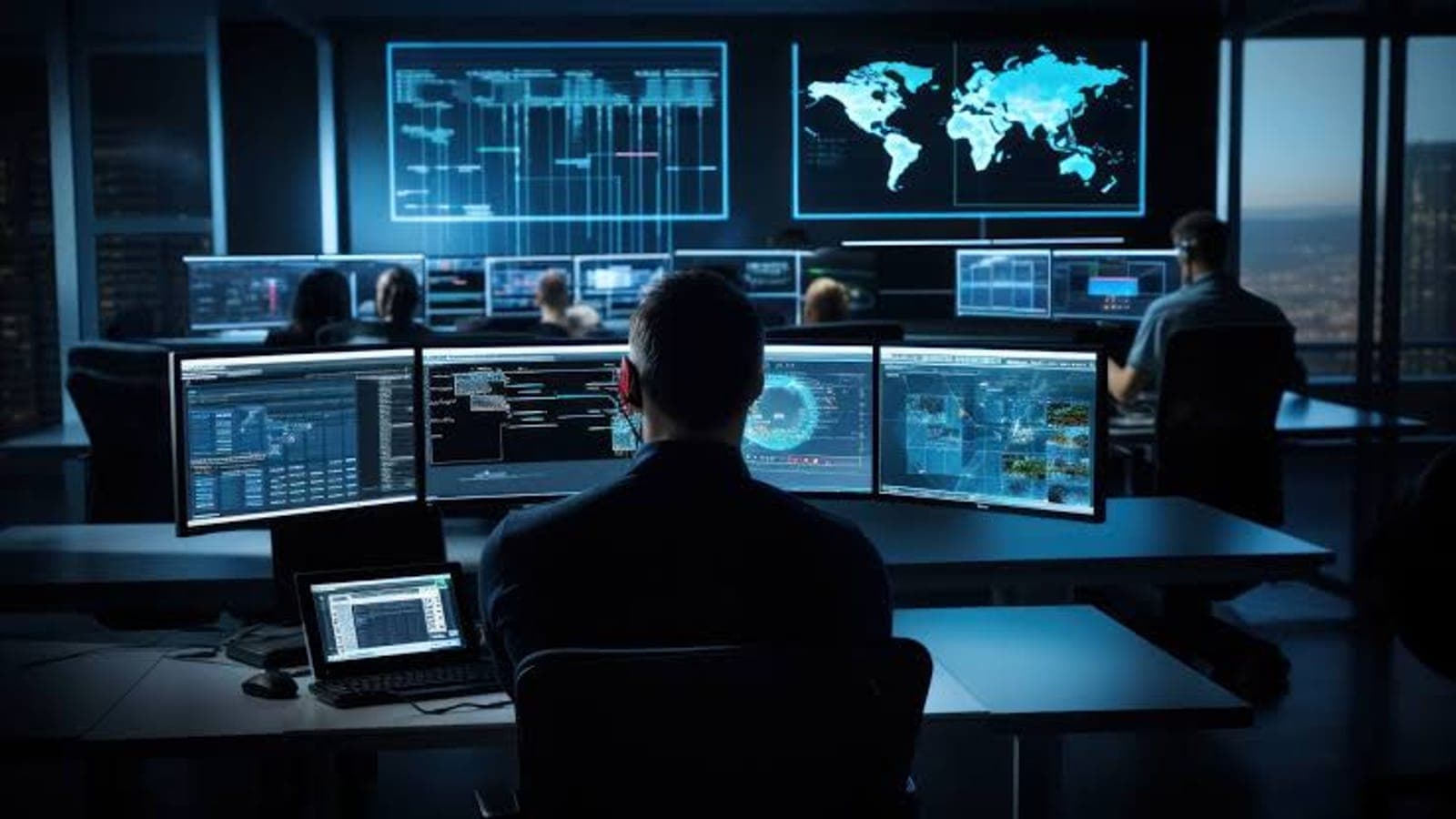 IT engineer performing scheduled maintenance at a multi-monitor workstation