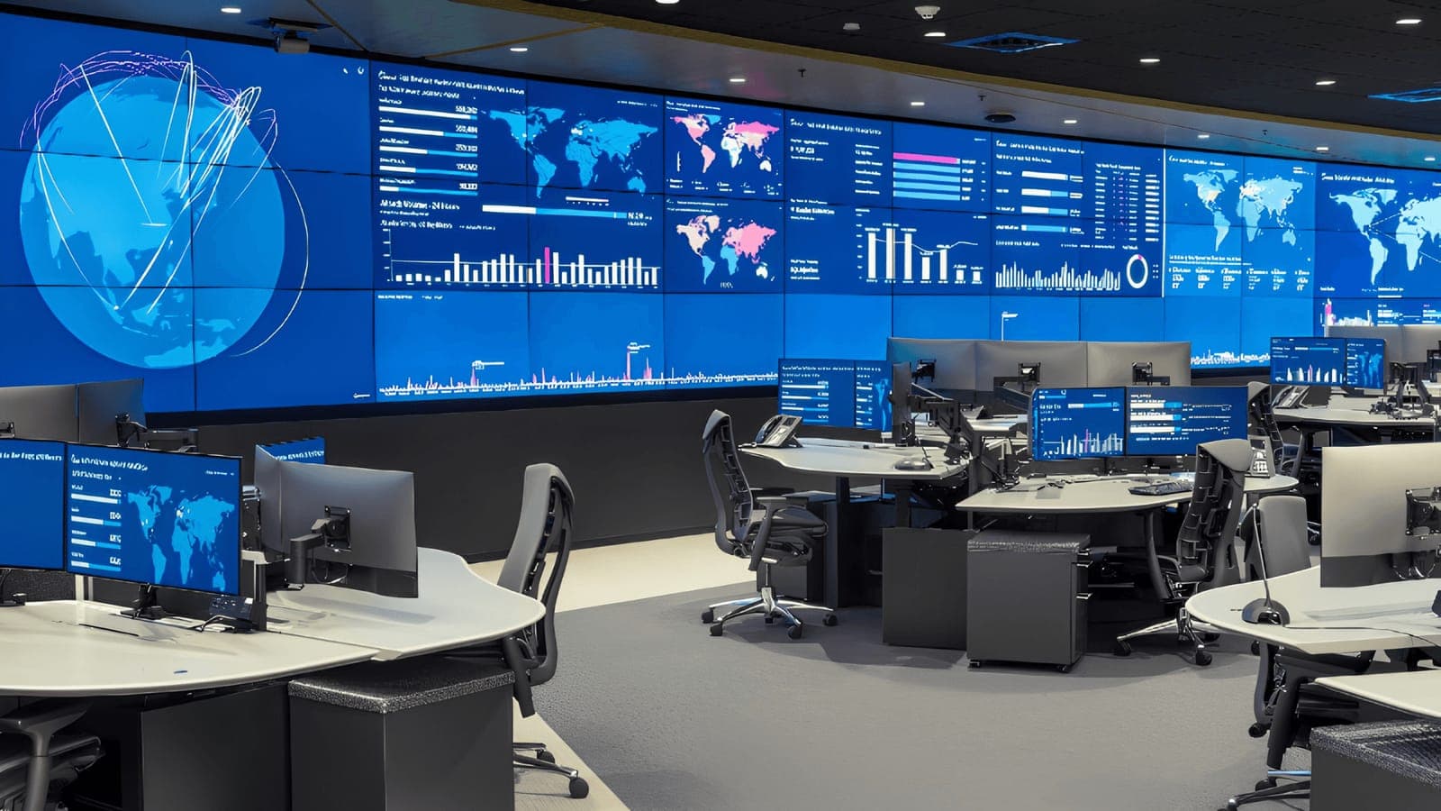 Network operations centre with engineers monitoring live dashboards