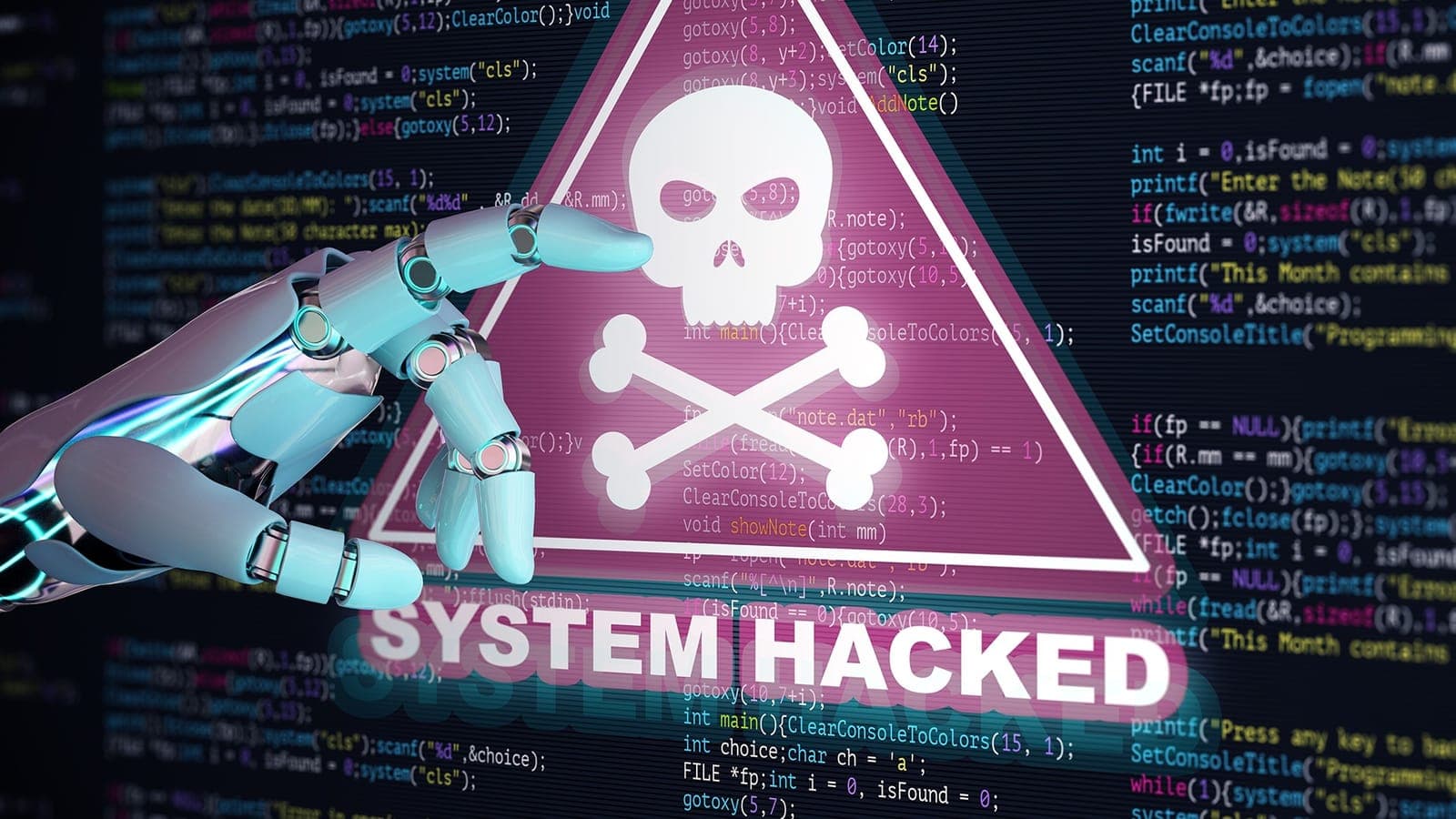 System hacked warning on screen, representing a ransomware attack