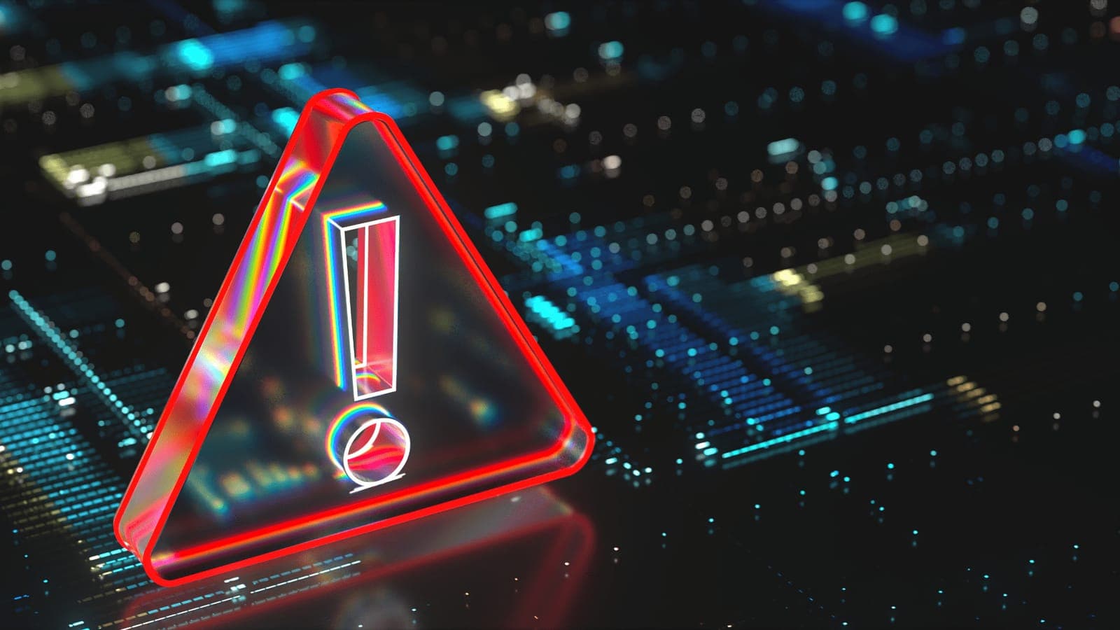 Cyber threat warning symbol on a chip, representing security risks