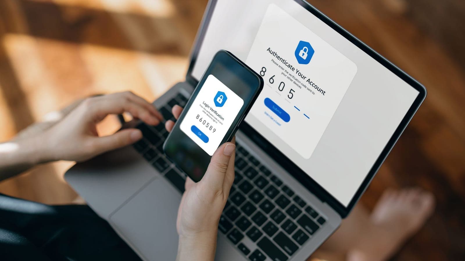Person authenticating securely on a laptop