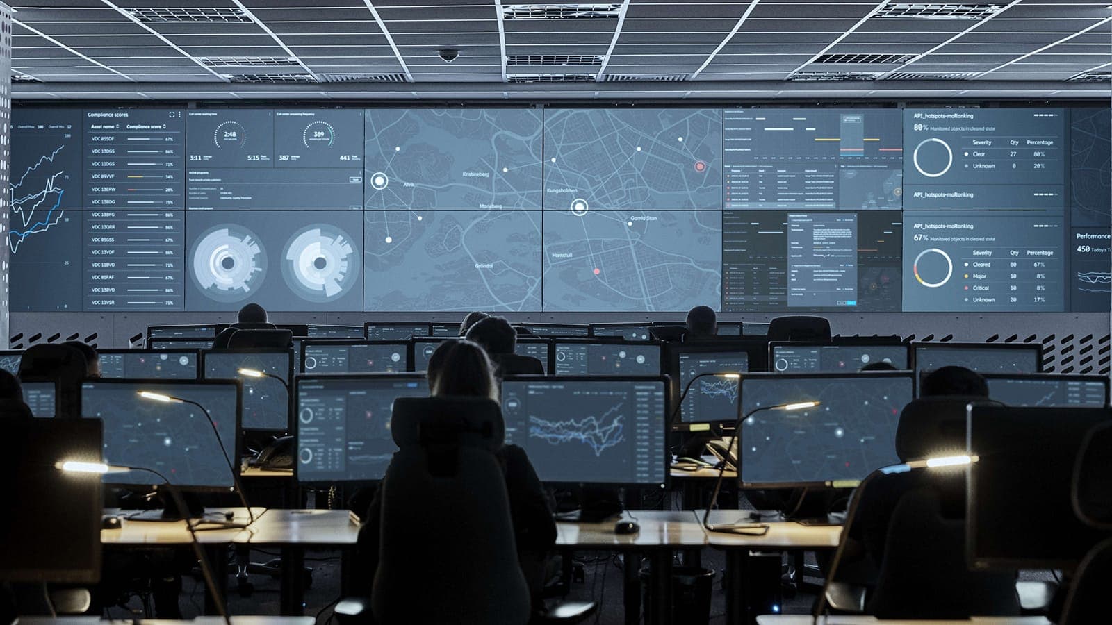 Engineers reviewing network performance dashboards in a control room